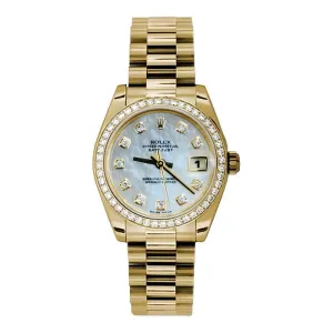 Rolex Datejust 31mm - Ref: 178288 mdp - White Mother of Pearl Dial & Diamond Bezel, 18K Yellow Gold President Bracelet Women's Watch