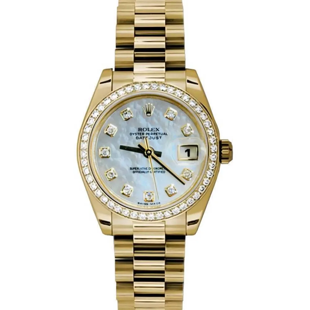 Rolex Datejust 31mm - Ref: 178288 mdp - White Mother of Pearl Dial & Diamond Bezel, 18K Yellow Gold President Bracelet Women's Watch