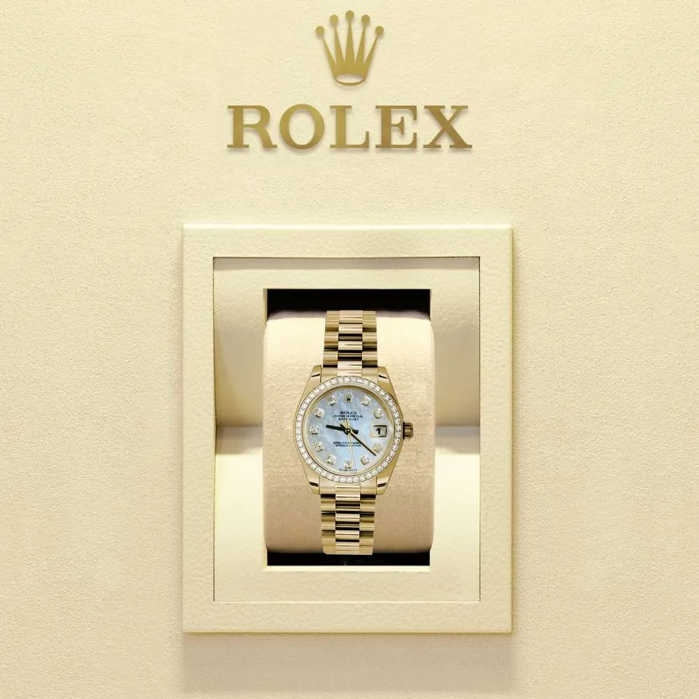 Rolex Datejust 31mm - Ref: 178288 mdp - White Mother of Pearl Dial & Diamond Bezel, 18K Yellow Gold President Bracelet Women's Watch