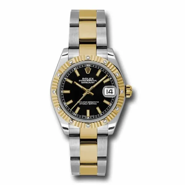 Rolex Datejust 31mm - Ref: 178313 bkio - Black Stick Dial & Diamond Bezel, Two Tone Stainless Steel & 18K Yellow Gold Oyster Bracelet Women's Watch