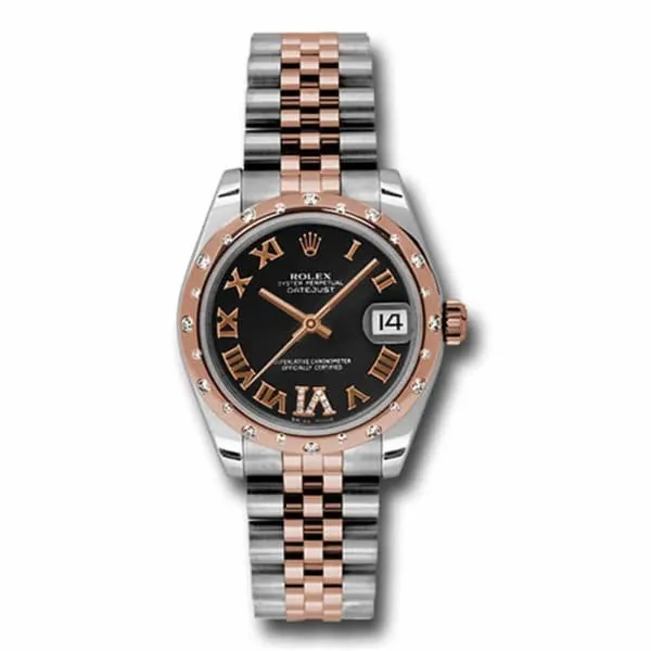 Rolex Datejust 31mm - Ref: 178341 bkdrj - Black Roman Diamond Dial & Diamond Bezel, Two Tone Stainless Steel & 18K Rose Gold Jubilee Bracelet Women's Watch