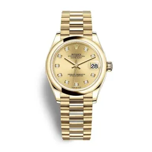 Rolex Datejust 31mm - Ref: 278248-0014 - Champagne Diamond Dial, 18K Yellow Gold Presidential Bracelet Women's Watch