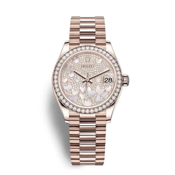 Rolex Datejust 31mm - Ref: 278285rbr-0010 - White Mother of Pearl Dial & Diamond Bezel, 18K Rose Gold President Bracelet Women's Watch