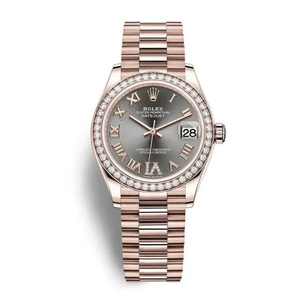 Rolex Datejust 31mm - Ref: 278285rbr-0027 - Slate Dark Grey Roman Diamond Dial & Diamond Bezel, 18K Rose Gold President Bracelet Women's Watch