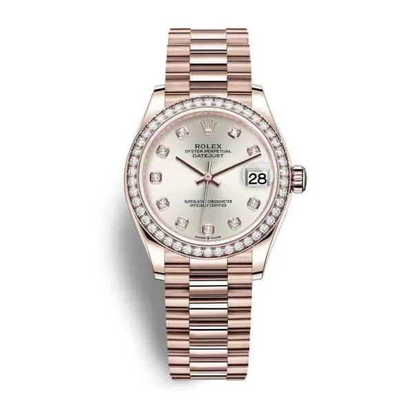Rolex Datejust 31mm - Ref: 278285rbr-0030 - Silver Diamond Dial & Diamond Bezel, 18K Rose Gold President Bracelet Women's Watch