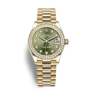 Rolex Datejust 31mm - Ref: 278288rbr-0007 - Olive Green Diamond Dial & Diamond Bezel, 18K Yellow Gold President Bracelet Women's Watch