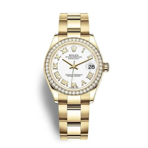 Rolex Datejust 31mm - Ref: 278288rbr-0008 - White Roman Dial & Diamond Bezel, 18K Yellow Gold Oyster Bracelet Women's Watch