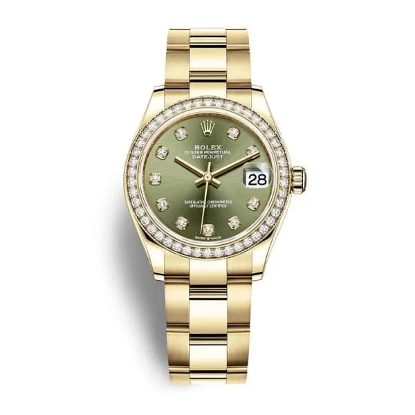 Rolex Datejust 31mm - Ref: 278288rbr-0014 - Olive Green Diamond Dial & Diamond Bezel, 18K Yellow Gold Oyster Bracelet Women's Watch