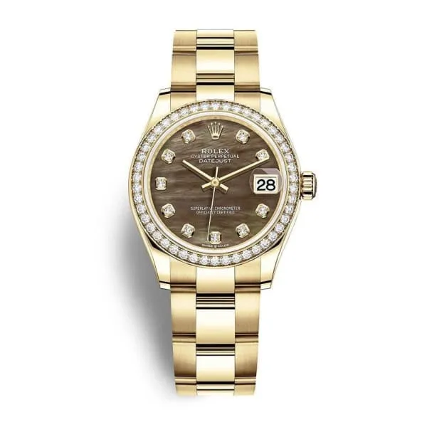 Rolex Datejust 31mm - Ref: 278288rbr-0031 - Black Mother of Pearl Diamond Dial & Diamond Bezel, 18K Yellow Gold Oyster Bracelet Women's Watch