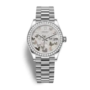 Rolex Datejust 31mm - Ref: 278289rbr-0008 - Mother of Pearl Butterfly Diamond Pave Dial, 18K White Gold President Bracelet Women's Watch