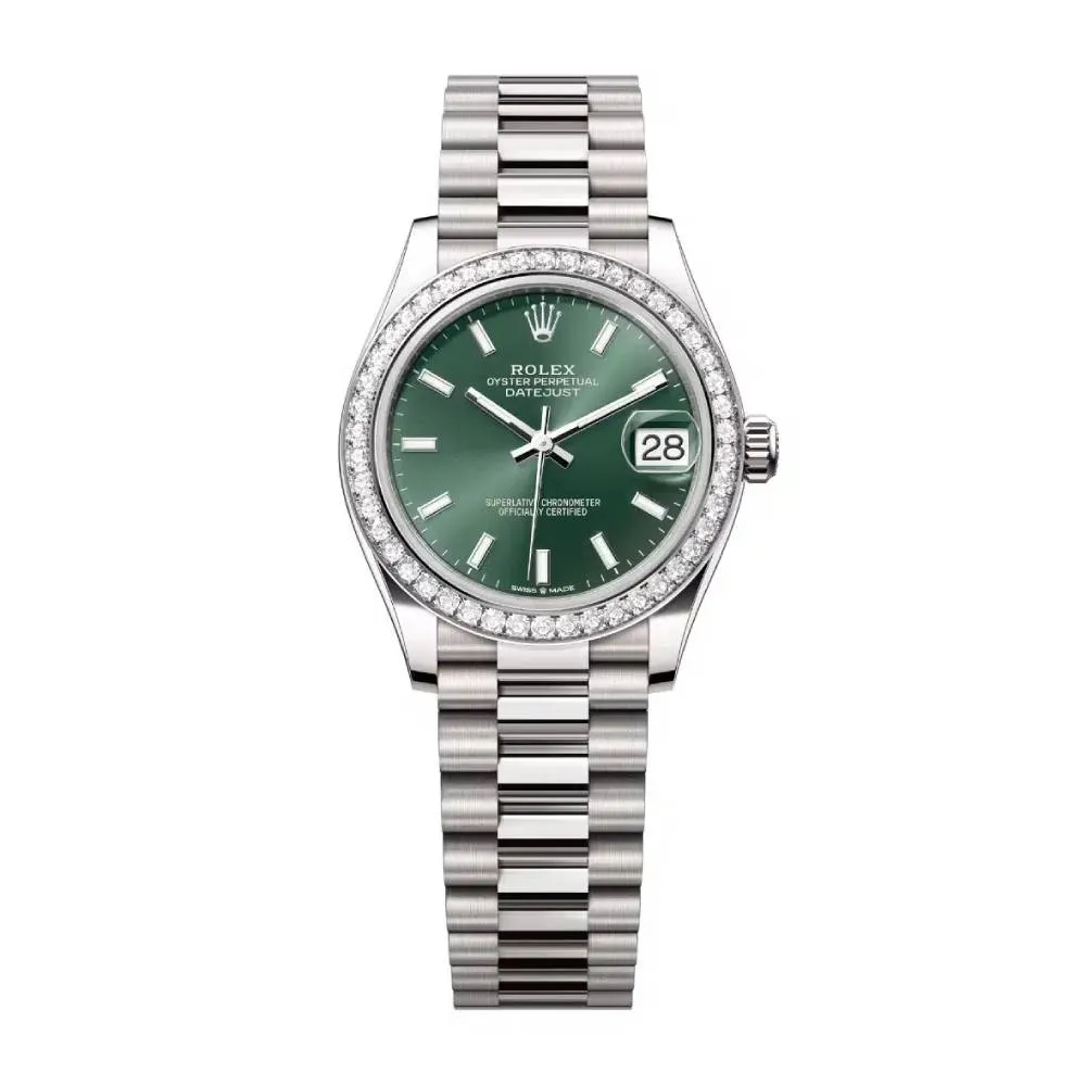Rolex Datejust 31mm - Ref: 278289rbr-0015 - Mint Green Stick Dial & Diamond Bezel, 18K White Gold President Bracelet Women's Watch