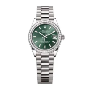 Rolex Datejust 31mm - Ref: 278289rbr-0015 - Mint Green Stick Dial & Diamond Bezel, 18K White Gold President Bracelet Women's Watch