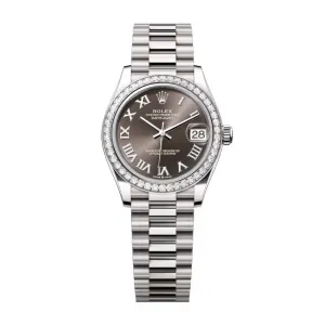 Rolex Datejust 31mm - Ref: 278289rbr-0017 - Dark Grey Roman Dial & Diamond Bezel, 18K White Gold President Bracelet Women's Watch
