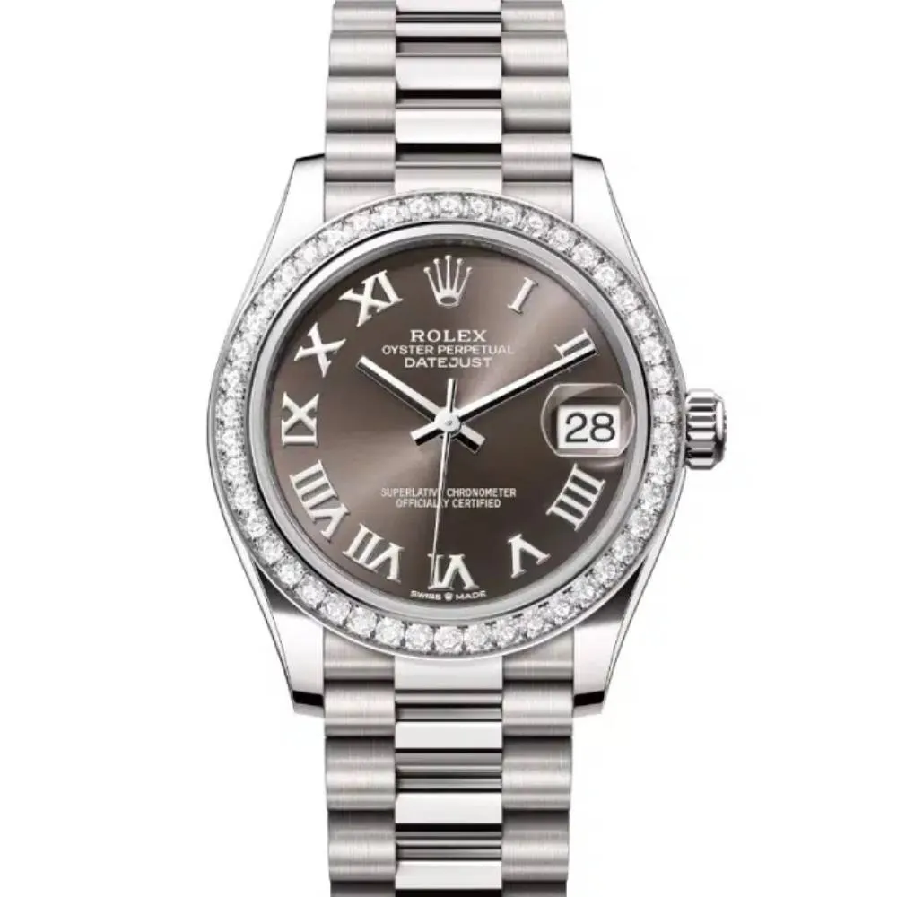 Rolex Datejust 31mm - Ref: 278289rbr-0017 - Dark Grey Roman Dial & Diamond Bezel, 18K White Gold President Bracelet Women's Watch