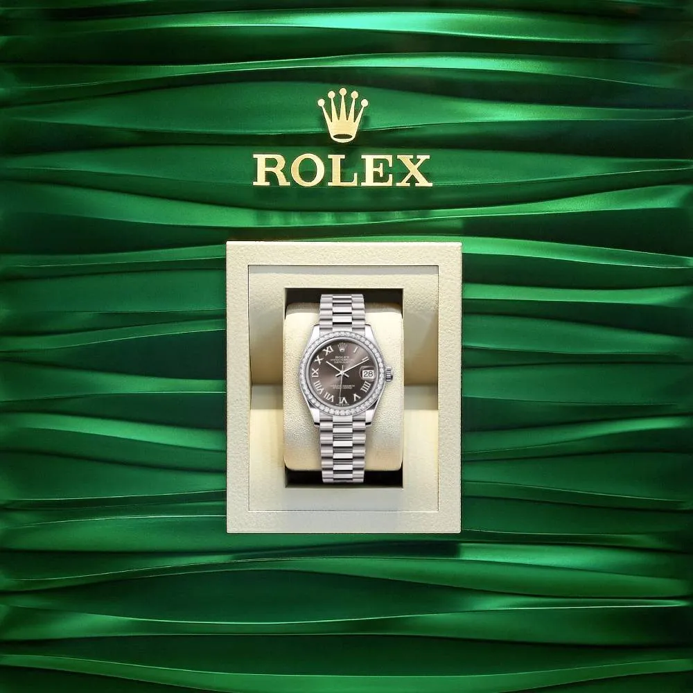 Rolex Datejust 31mm - Ref: 278289rbr-0017 - Dark Grey Roman Dial & Diamond Bezel, 18K White Gold President Bracelet Women's Watch