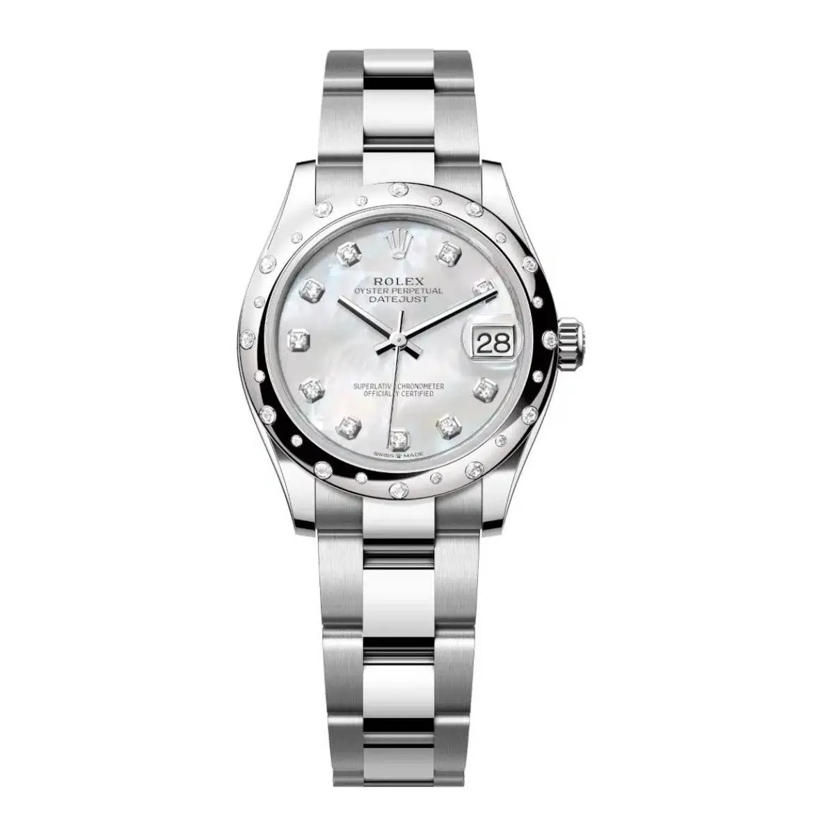 Rolex Datejust 31mm - Ref: 278344rbr-0005 - White Mother of Pearl Diamond Dial & Diamond Bezel, Stainless Steel Oyster Bracelet Women's Watch