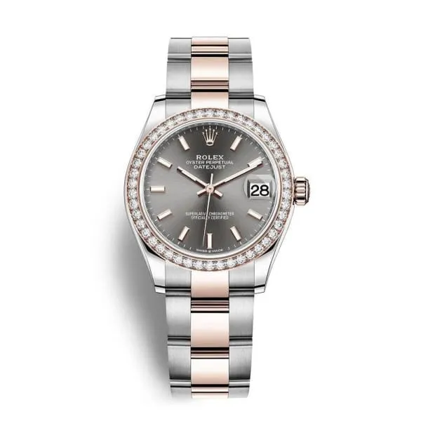 Rolex Datejust 31mm - Ref: 278381rbr-0017 - Slate Dark Grey Stick Dial & Diamond Bezel, Two Tone Stainless Steel & 18K Rose Gold Oyster Bracelet Women's Watch