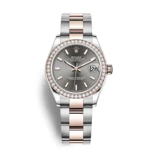 Rolex Datejust 31mm - Ref: 278381rbr-0017 - Slate Dark Grey Stick Dial & Diamond Bezel, Two Tone Stainless Steel & 18K Rose Gold Oyster Bracelet Women's Watch