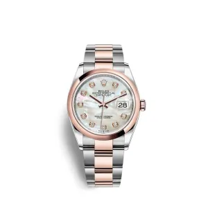 Rolex Datejust 36mm - Ref: 126201-0022 - White Mother of Pearl Diamond Dial, Two Tone Stainless Steel & 18K Rose Gold Oyster Bracelet Watch