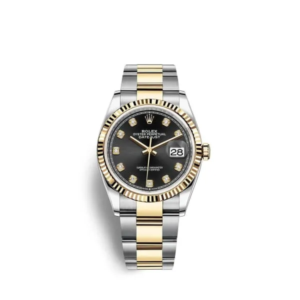 Rolex Datejust 36mm - Ref: 126233-0022 - Black Diamond Dial, Two Tone Stainless Steel & 18K Yellow Gold Oyster Bracelet Watch