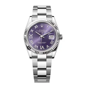 Rolex Datejust 36mm - Ref: 126234-0022 - Aubergine Purple Roman Diamond Dial, Stainless Steel Oyster Bracelet Watch