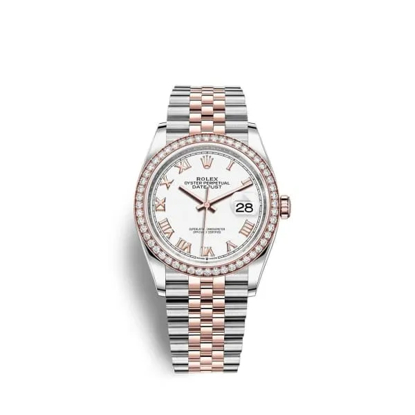 Rolex Datejust 36mm - Ref: 126281rbr-0003 - White Roman Dial & Diamond Bezel, Two Tone Stainless Steel & 18K Rose Gold Jubilee Bracelet Watch