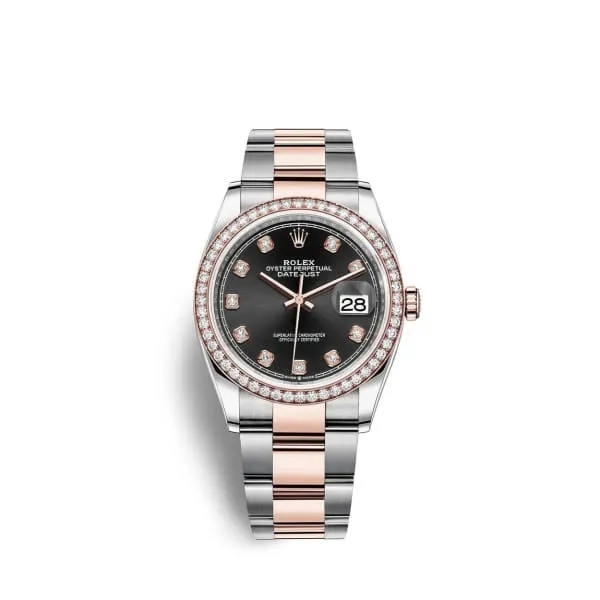 Rolex Datejust 36mm - Ref: 126281rbr-0008 - Black Diamond Dial & Diamond Bezel, Two Tone Stainless Steel & 18K Rose Gold Oyster Bracelet Watch