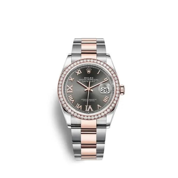 Rolex Datejust 36mm - Ref: 126281rbr-0012 - Dark Rhodium Roman Diamond Dial, Two Tone Stainless Steel & 18K Rose Gold Oyster Bracelet Watch