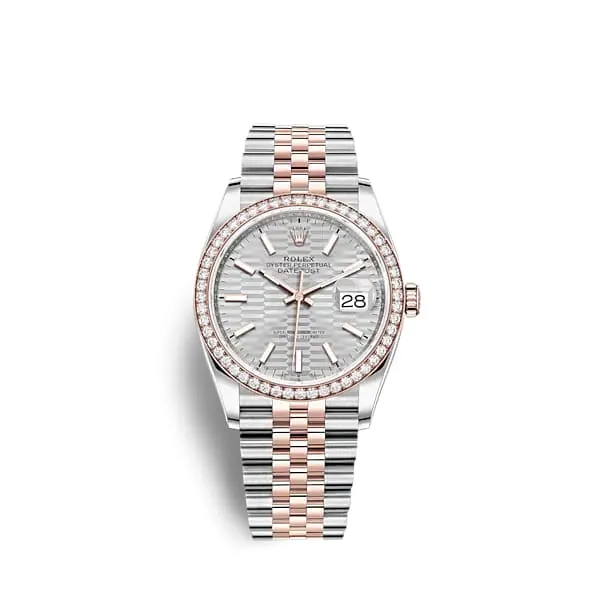 Rolex Datejust 36mm - Ref: 126281rbr-0021 - Silver Fluted Motif Dial & Diamond Bezel, Two Tone Stainless Steel & 18K Rose Gold Jubilee Bracelet Watch