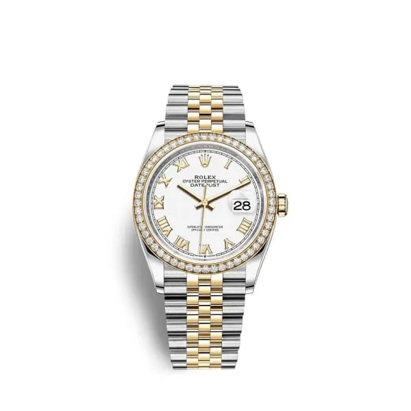 Rolex Datejust 36mm - Ref: 126283rbr-0015 - White Roman Dial & Diamond Bezel, Two Tone Stainless Steel & 18K Yellow Gold Jubilee Bracelet Watch