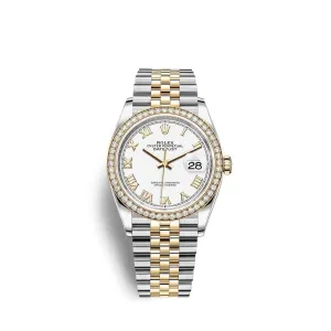 Rolex Datejust 36mm - Ref: 126283rbr-0015 - White Roman Dial & Diamond Bezel, Two Tone Stainless Steel & 18K Yellow Gold Jubilee Bracelet Watch