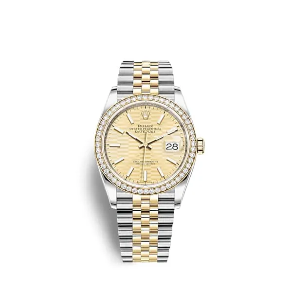 Rolex Datejust 36mm - Ref: 126283rbr-0025 - Golden Fluted Motif Dial & Diamond Bezel, Two Tone Stainless Steel & 18K Yellow Gold Jubilee Bracelet Watch