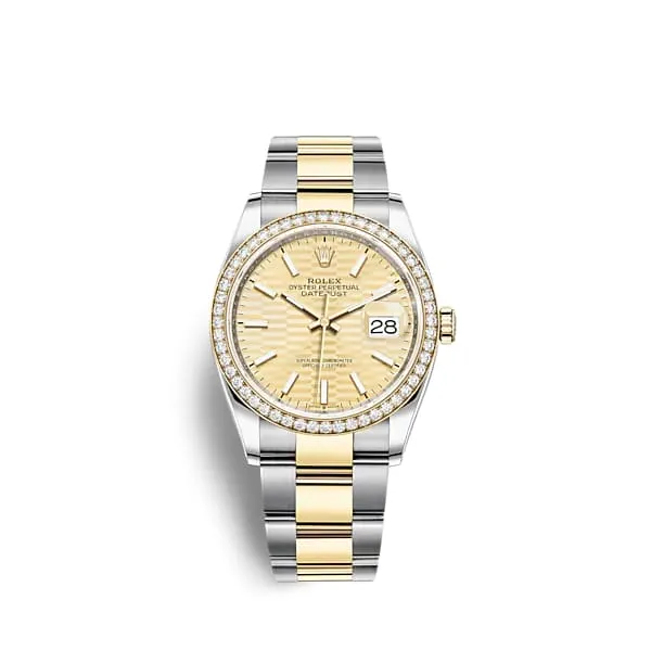 Rolex Datejust 36mm - Ref: 126283rbr-0026 - Golden Fluted Motif Dial & Diamond Bezel, Two Tone Stainless Steel & 18K Yellow Gold Oyster Bracelet Watch