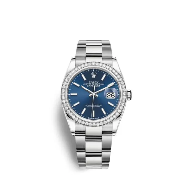 Rolex Datejust 36mm - Ref: 126284rbr-0010 - Blue Stick Dial & Diamond Bezel, Stainless Steel Oyster Bracelet Watch