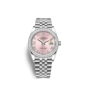 Rolex Datejust 36mm - Ref: 126284rbr-0023 - Pink Roman Diamond Dial & Diamond Bezel, Stainless Steel Jubilee Bracelet Watch