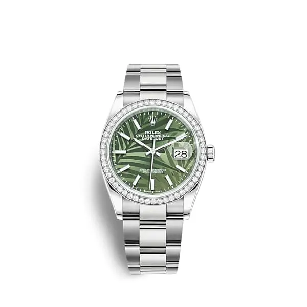 Rolex Datejust 36mm - Ref: 126284rbr-0040 - Green Palm Motif Dial & Diamond Bezel, Stainless Steel Oyster Bracelet Watch