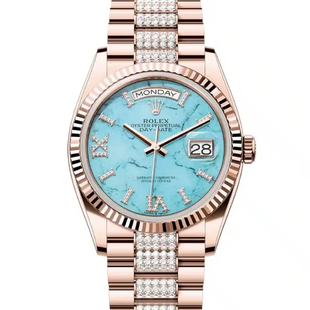 Rolex Day Date 36mm - Ref: 128235 - Tiffany Blue Turquoise Diamond Dial & Fluted Bezel, 18K Rose Gold & Diamonds President Bracelet Watch