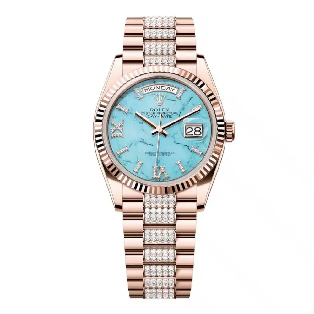 Rolex Day Date 36mm - Ref: 128235 - Tiffany Blue Turquoise Diamond Dial & Fluted Bezel, 18K Rose Gold & Diamonds President Bracelet Watch