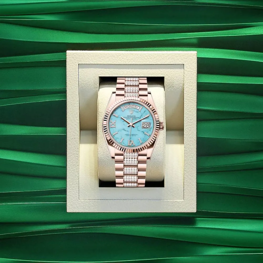 Rolex Day Date 36mm - Ref: 128235 - Tiffany Blue Turquoise Diamond Dial & Fluted Bezel, 18K Rose Gold & Diamonds President Bracelet Watch