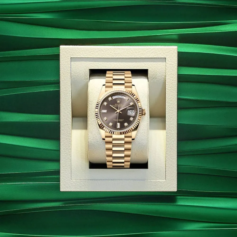 Rolex Day Date 36mm - Ref: 128238-0022 - Dark Grey Diamond Dial & Fluted Bezel, 18K Yellow Gold President Bracelet Watch