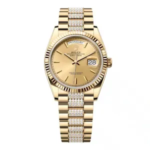Rolex Day Date 36mm - Ref: 128238-0046 - Champagne Stick Dial & Fluted Bezel, 18K Yellow Gold & Diamonds President Bracelet Watch