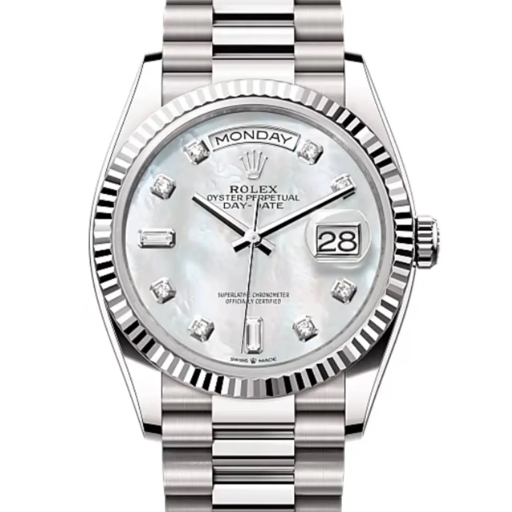 Rolex Day Date 36mm - Ref: 128239-0007 - White Mother of Pearl Diamond Dial & Fluted Bezel, 18K White Gold President Bracelet Watch
