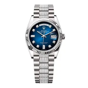Rolex Day Date 36mm - Ref: 128239-0029 - Blue Ombre Diamond Dial & Fluted Bezel, 18K White Gold & Diamonds President Bracelet Watch