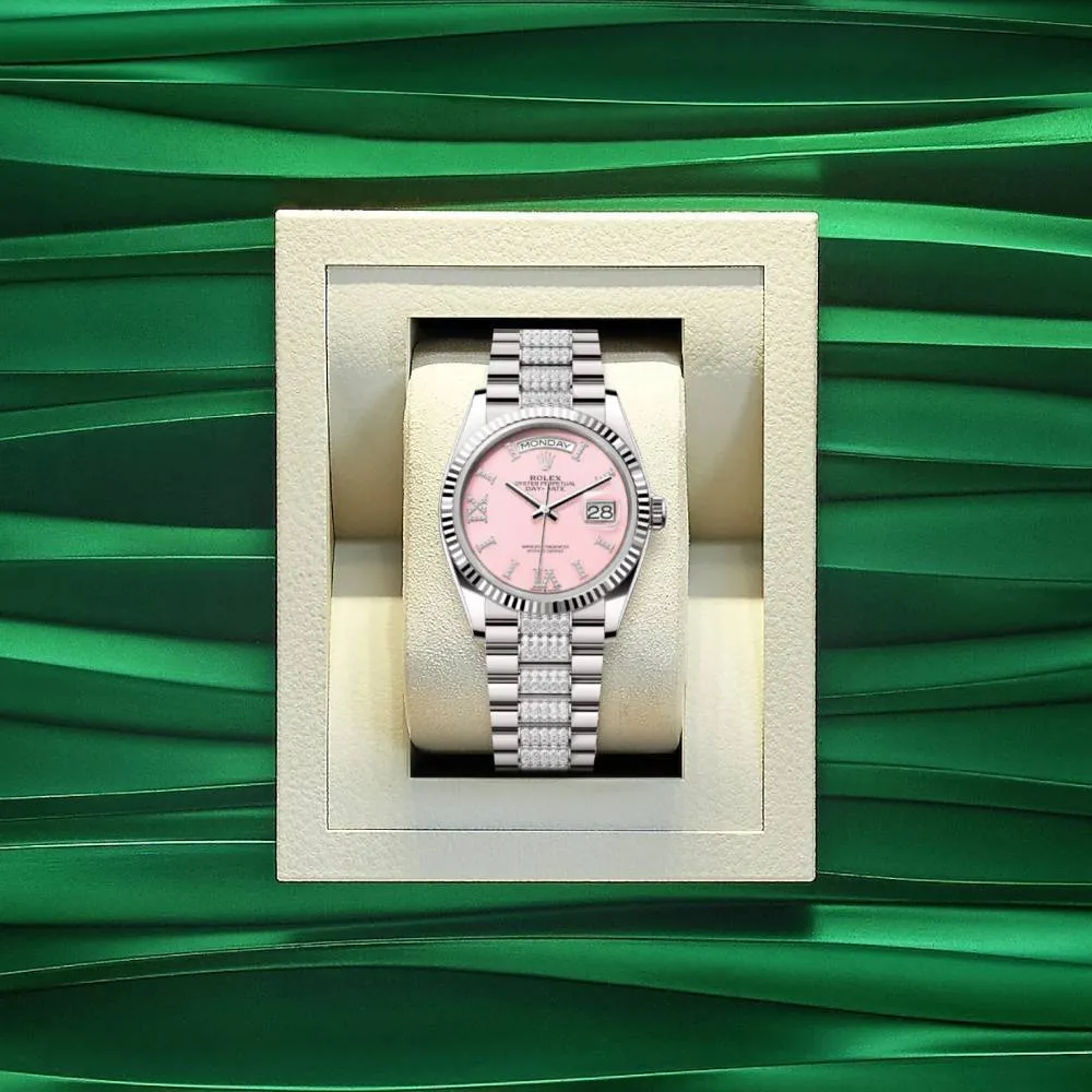 Rolex Day Date 36mm - Ref: 128239-0030 - Pink Opal Diamond Dial & Fluted Bezel, 18K White Gold & Diamonds President Bracelet Watch