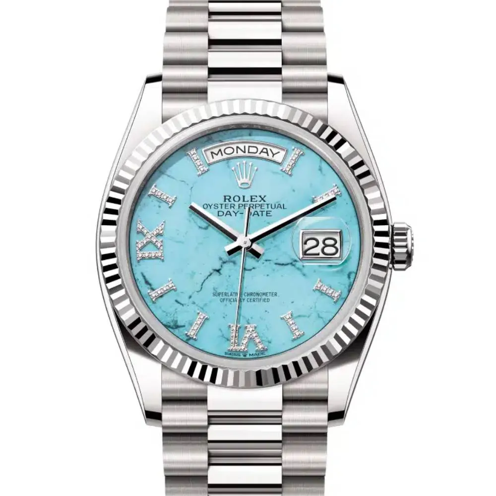 Rolex Day Date 36mm - Ref: 128239-0044 - Tiffany Blue Turqouise Roman Dial & Fluted Bezel, 18K White Gold President Bracelet Watch