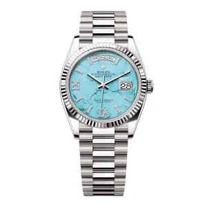Rolex Day Date 36mm - Ref: 128239-0044 - Tiffany Blue Turqouise Roman Dial & Fluted Bezel, 18K White Gold President Bracelet Watch
