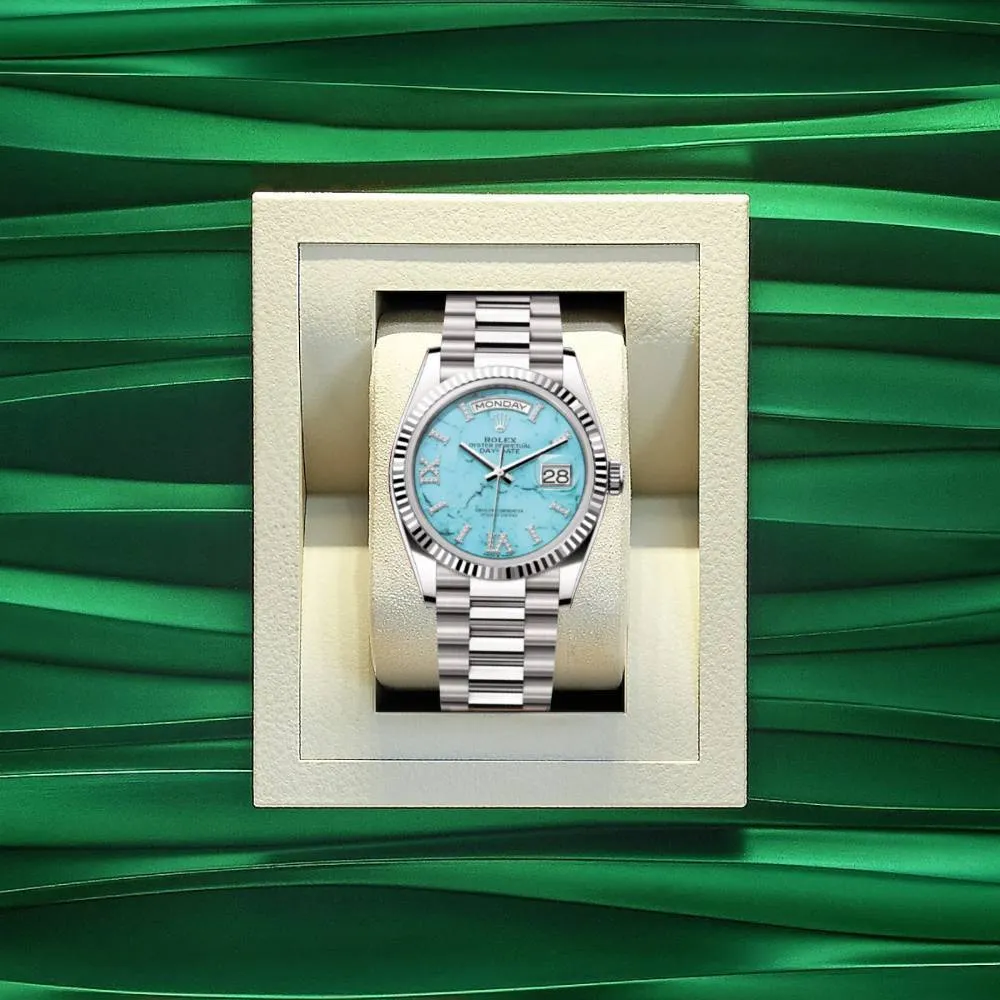 Rolex Day Date 36mm - Ref: 128239-0044 - Tiffany Blue Turqouise Roman Dial & Fluted Bezel, 18K White Gold President Bracelet Watch