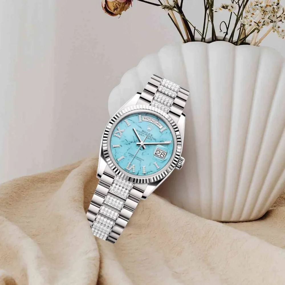 Rolex Day Date 36mm - Ref: 128239 - Tiffany Blue Turquoise Diamond Dial & Fluted Bezel, 18K White Gold & Diamonds President Bracelet Watch