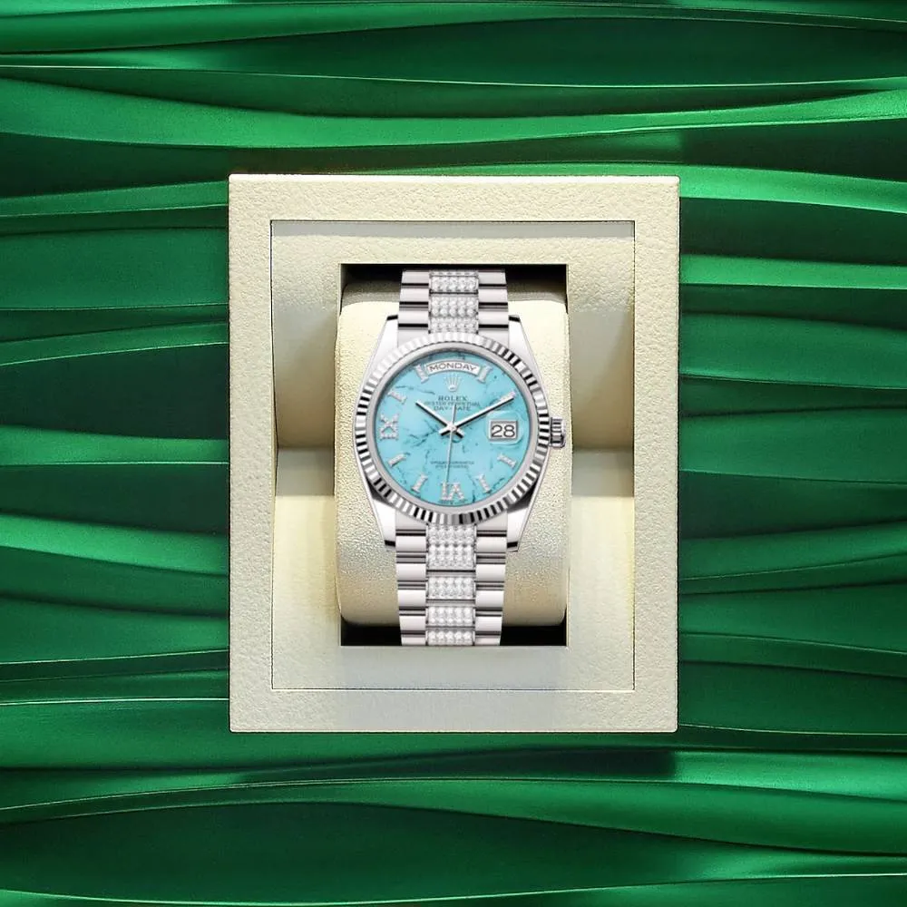 Rolex Day Date 36mm - Ref: 128239 - Tiffany Blue Turquoise Diamond Dial & Fluted Bezel, 18K White Gold & Diamonds President Bracelet Watch