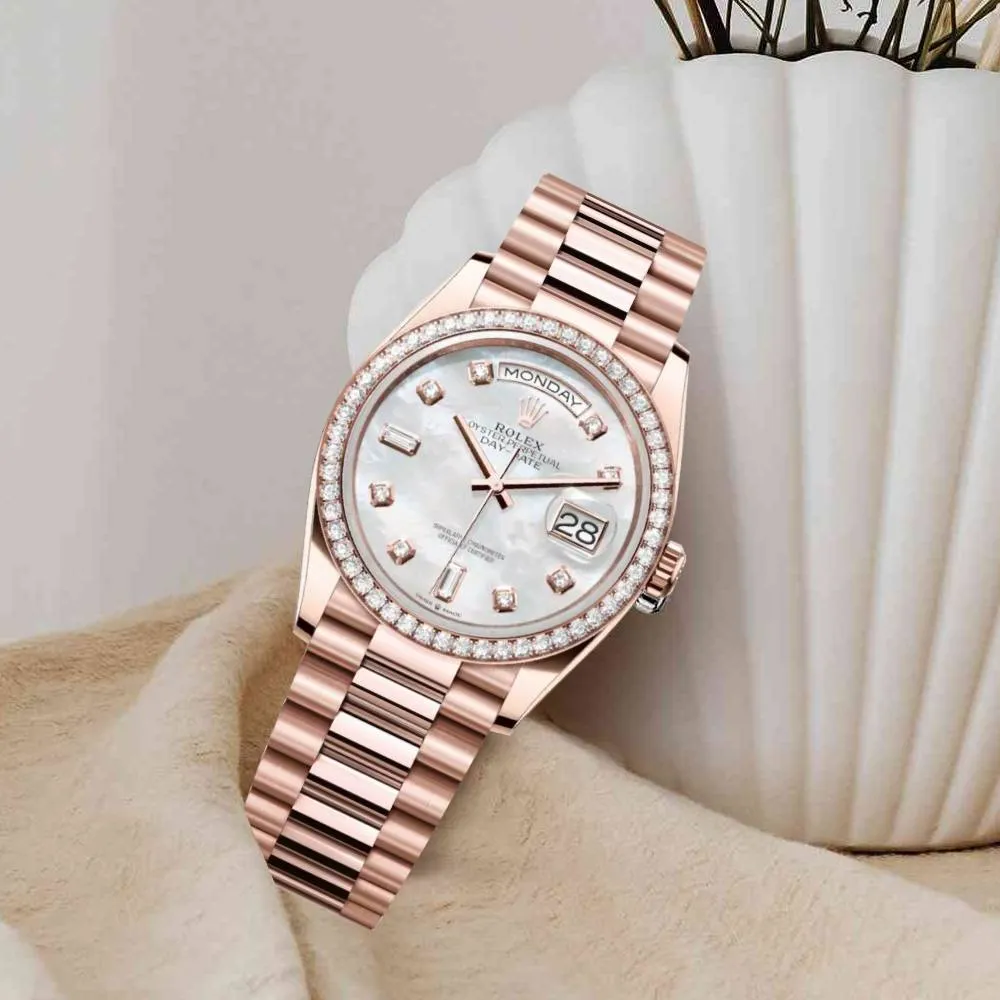 Rolex Day Date 36mm - Ref: 128345rbr-0028 - White Mother of Pearl Diamond Dial & Diamond Bezel, 18K Rose Gold President Bracelet Watch